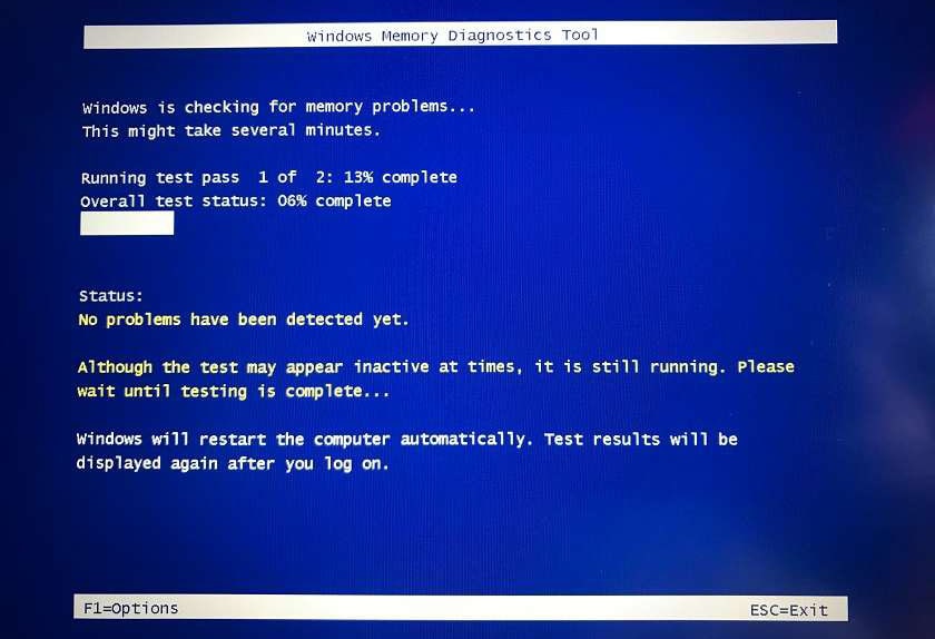 tab Windows Memory Diagnostic