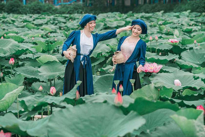 Trang phục nông thôn chụp ảnh với hoa sen