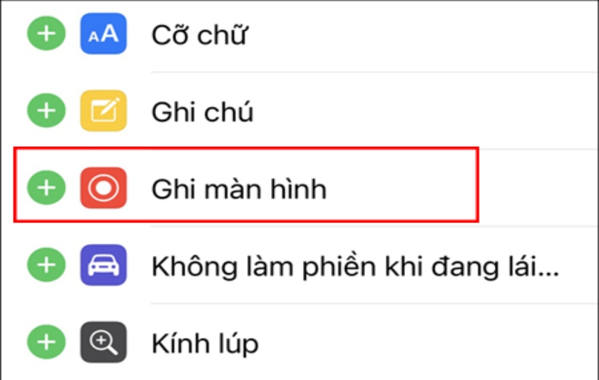 Kéo đến mục Ghi màn hình → chọn dấu “+”