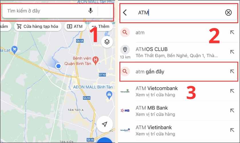 Google Maps hiển thị gợi ý các cây ATM gần đây