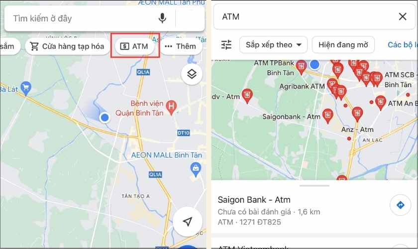 Google Maps tự động đề xuất các cây ATM gần